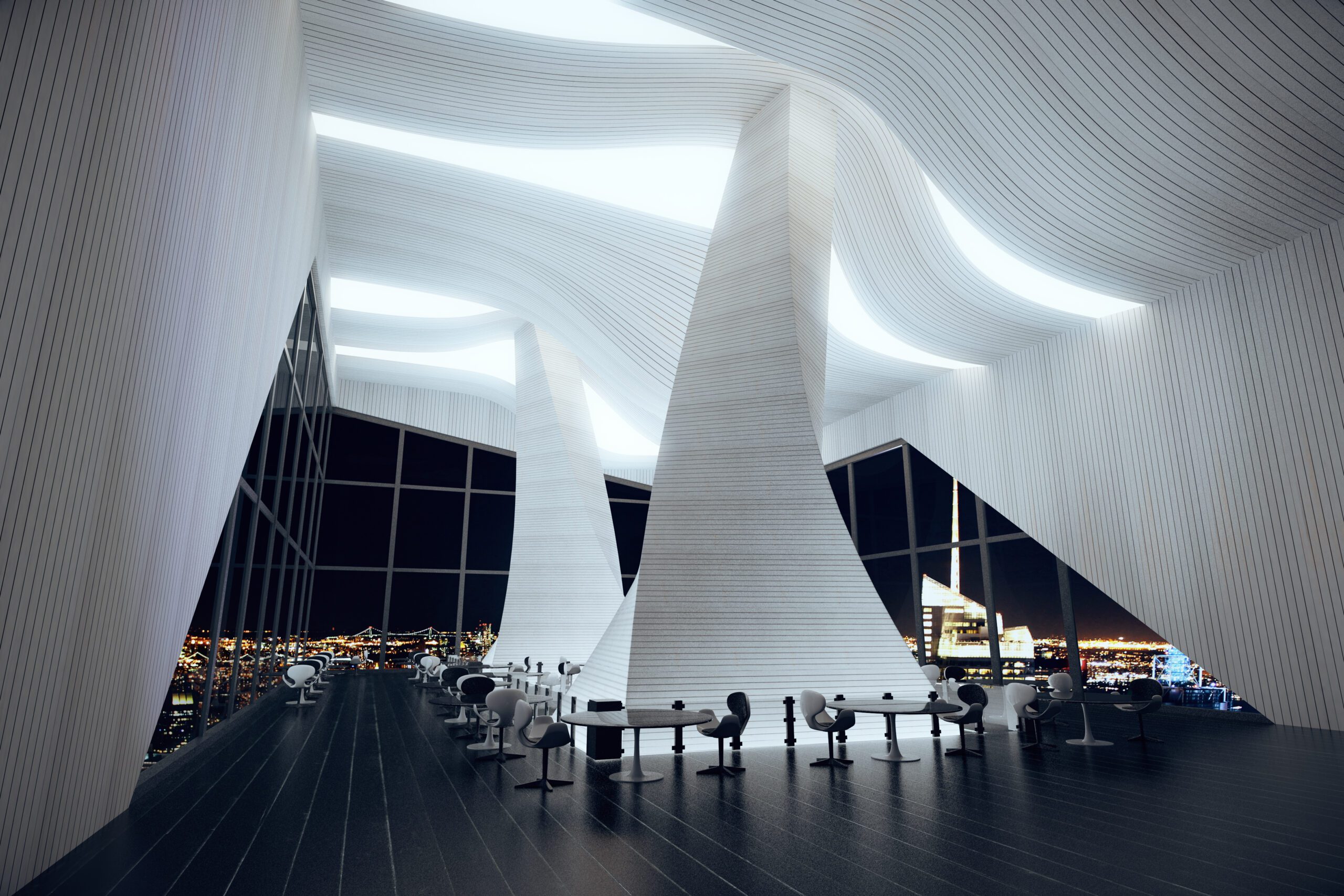 Modern,Restaurant,Hall,With,Abstract,Interior,,Wooden,Floor,,Big,Windows